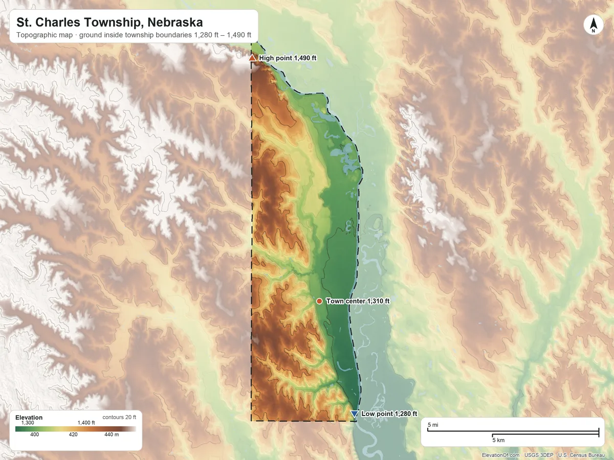Topographic elevation map of St. Charles Township, Nebraska, shaded from 1,280 ft on the south side to 1,490 ft on the north side