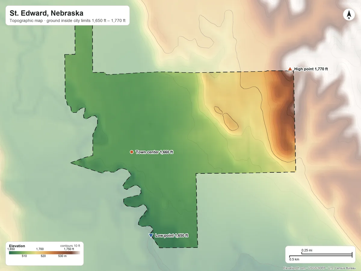 Topographic elevation map of St. Edward, Nebraska, shaded from 1,650 ft on the south side to 1,770 ft on the northeast side
