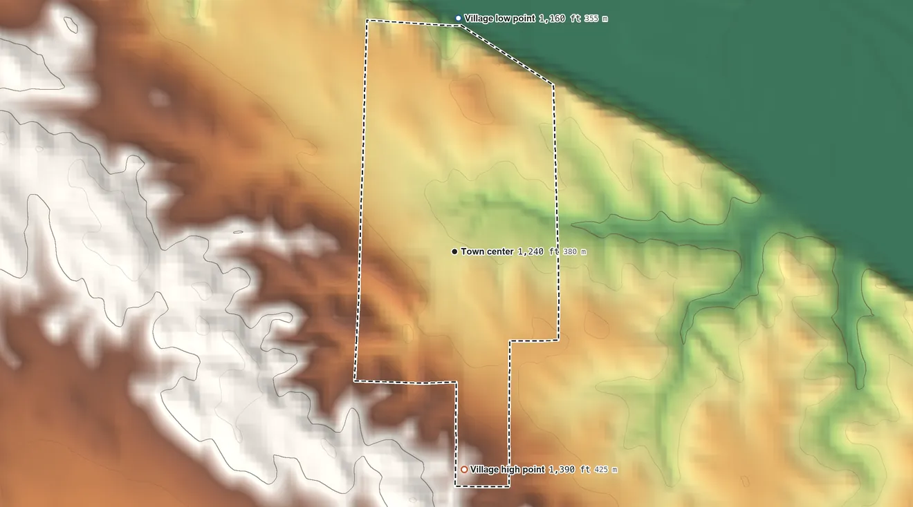 Topographic elevation map of St. Helena, Nebraska, shaded from 1,160 ft on the north side to 1,390 ft on the south side