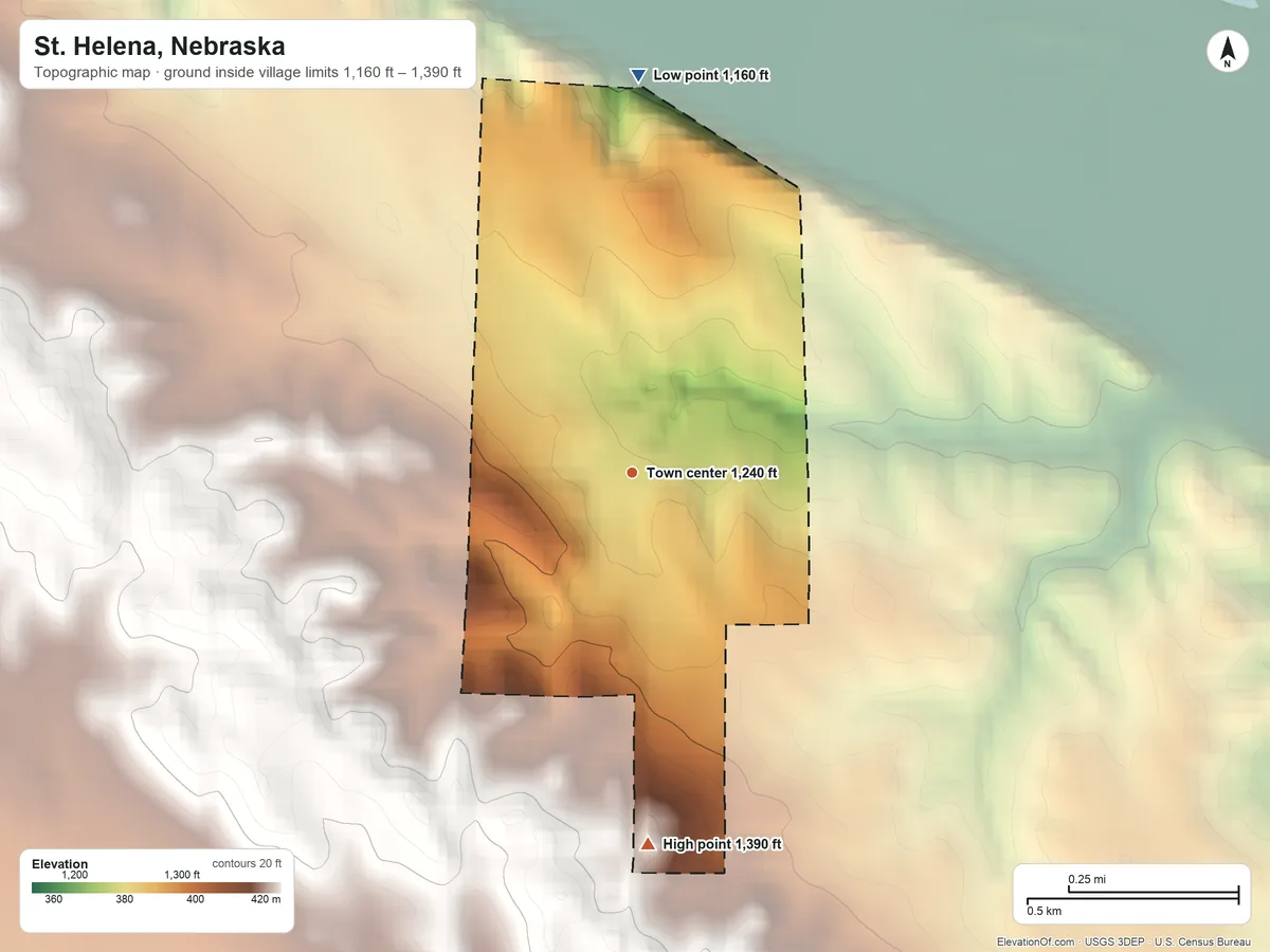 Topographic elevation map of St. Helena, Nebraska, shaded from 1,160 ft on the north side to 1,390 ft on the south side