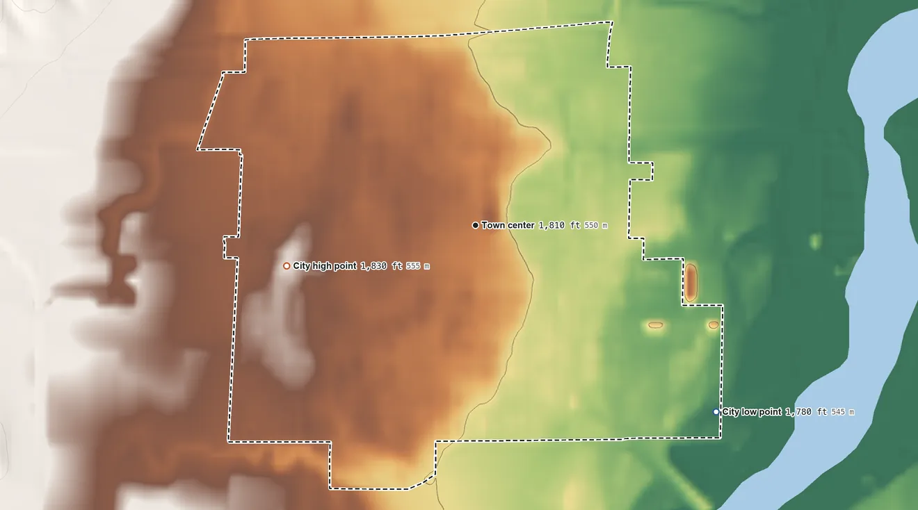 Topographic elevation map of St. Paul, Nebraska, shaded from 1,780 ft on the southeast side to 1,830 ft on the west side
