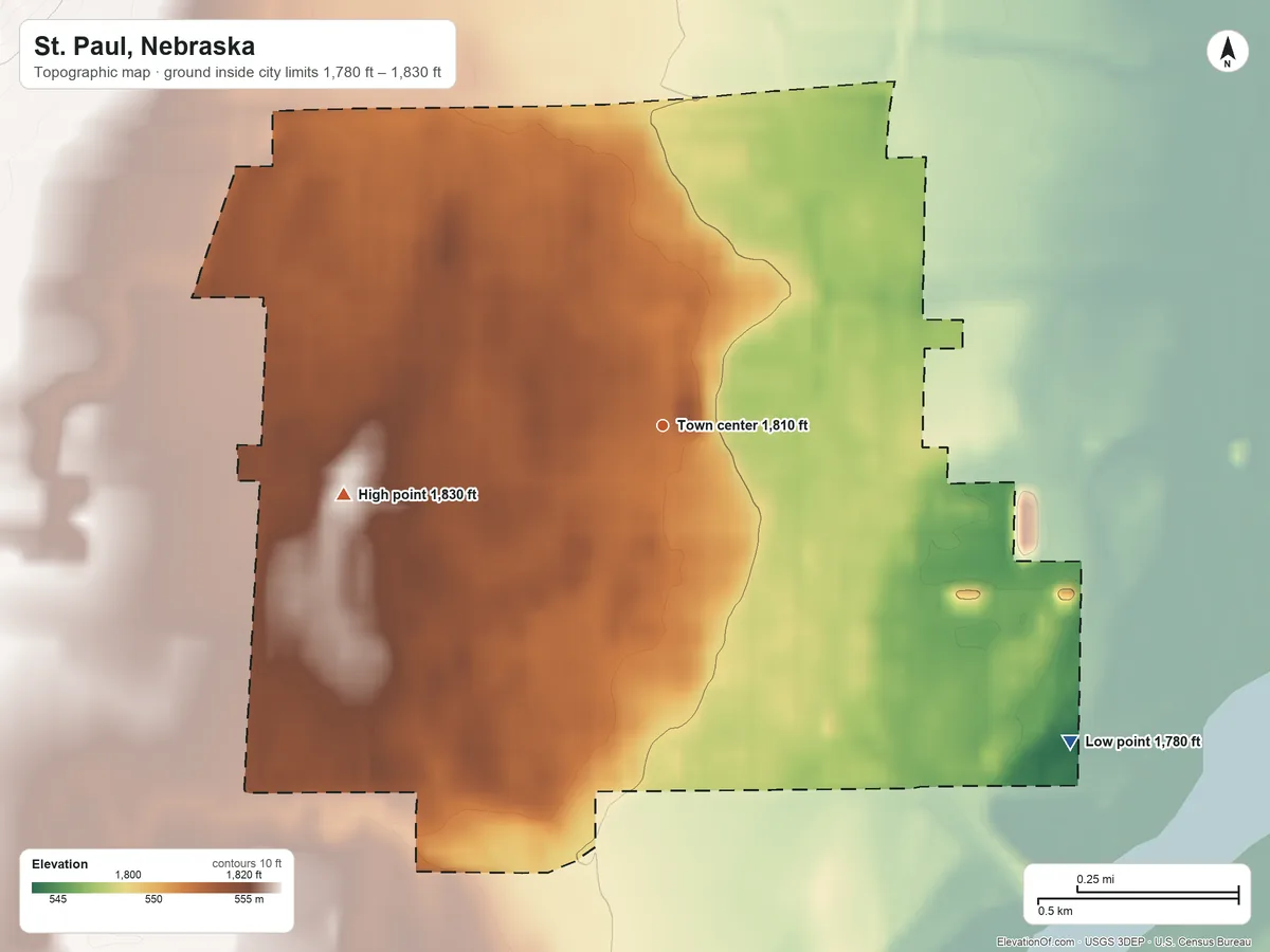 Topographic elevation map of St. Paul, Nebraska, shaded from 1,780 ft on the southeast side to 1,830 ft on the west side