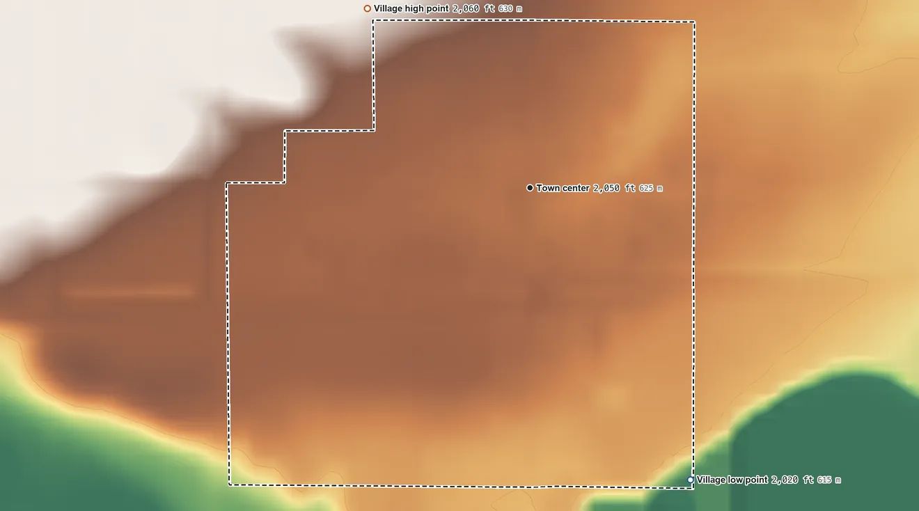 Topographic elevation map of Stamford, Nebraska, shaded from 2,020 ft on the southeast side to 2,060 ft on the northwest side