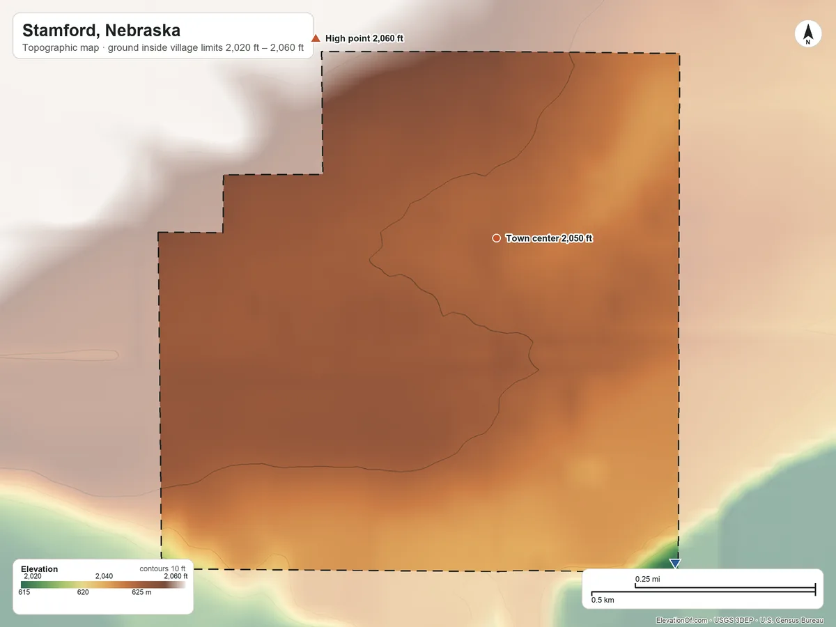 Topographic elevation map of Stamford, Nebraska, shaded from 2,020 ft on the southeast side to 2,060 ft on the northwest side