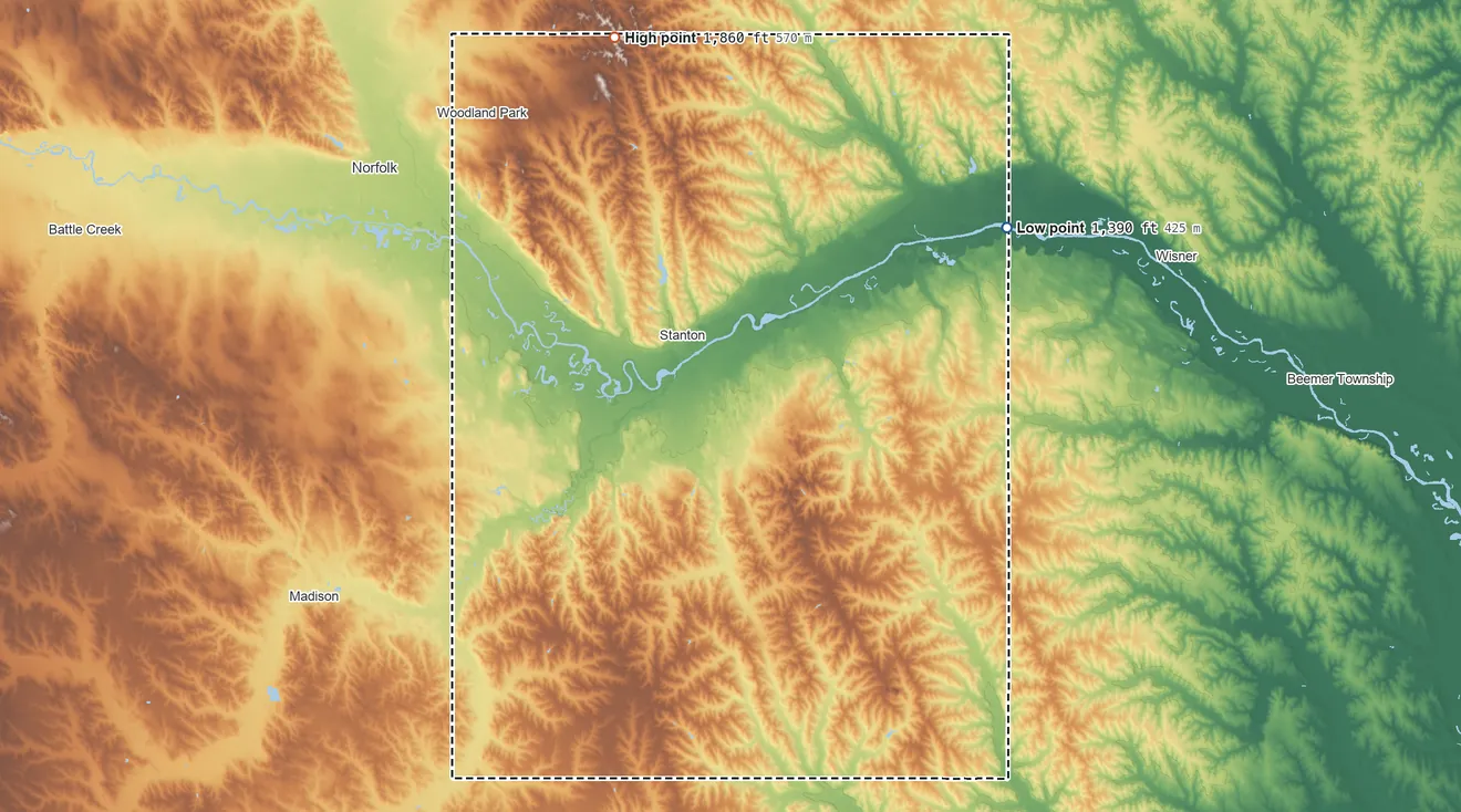 Topographic elevation map of Stanton County, Nebraska, shaded from 1,390 ft on the northeast side to 1,860 ft on the north side