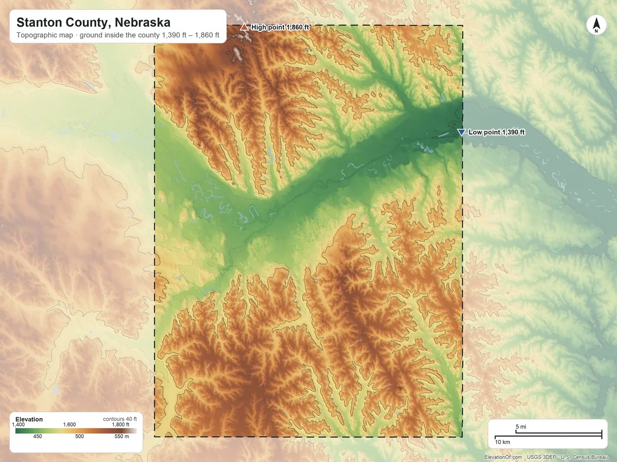 Topographic elevation map of Stanton County, Nebraska, shaded from 1,390 ft on the northeast side to 1,860 ft on the north side