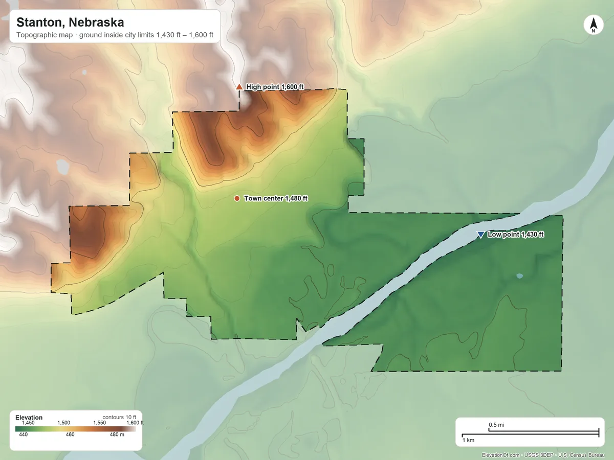 Topographic elevation map of Stanton, Nebraska, shaded from 1,430 ft on the east side to 1,600 ft on the north side