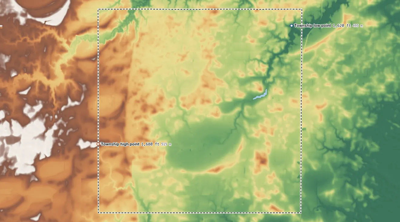 Topographic elevation map of Stanton Township, Nebraska, shaded from 1,620 ft near the middle to 1,680 ft on the southwest side