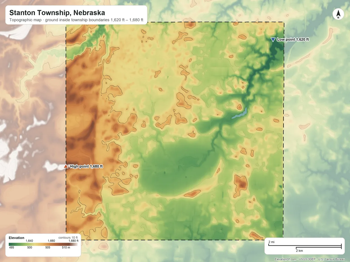 Topographic elevation map of Stanton Township, Nebraska, shaded from 1,620 ft near the middle to 1,680 ft on the southwest side