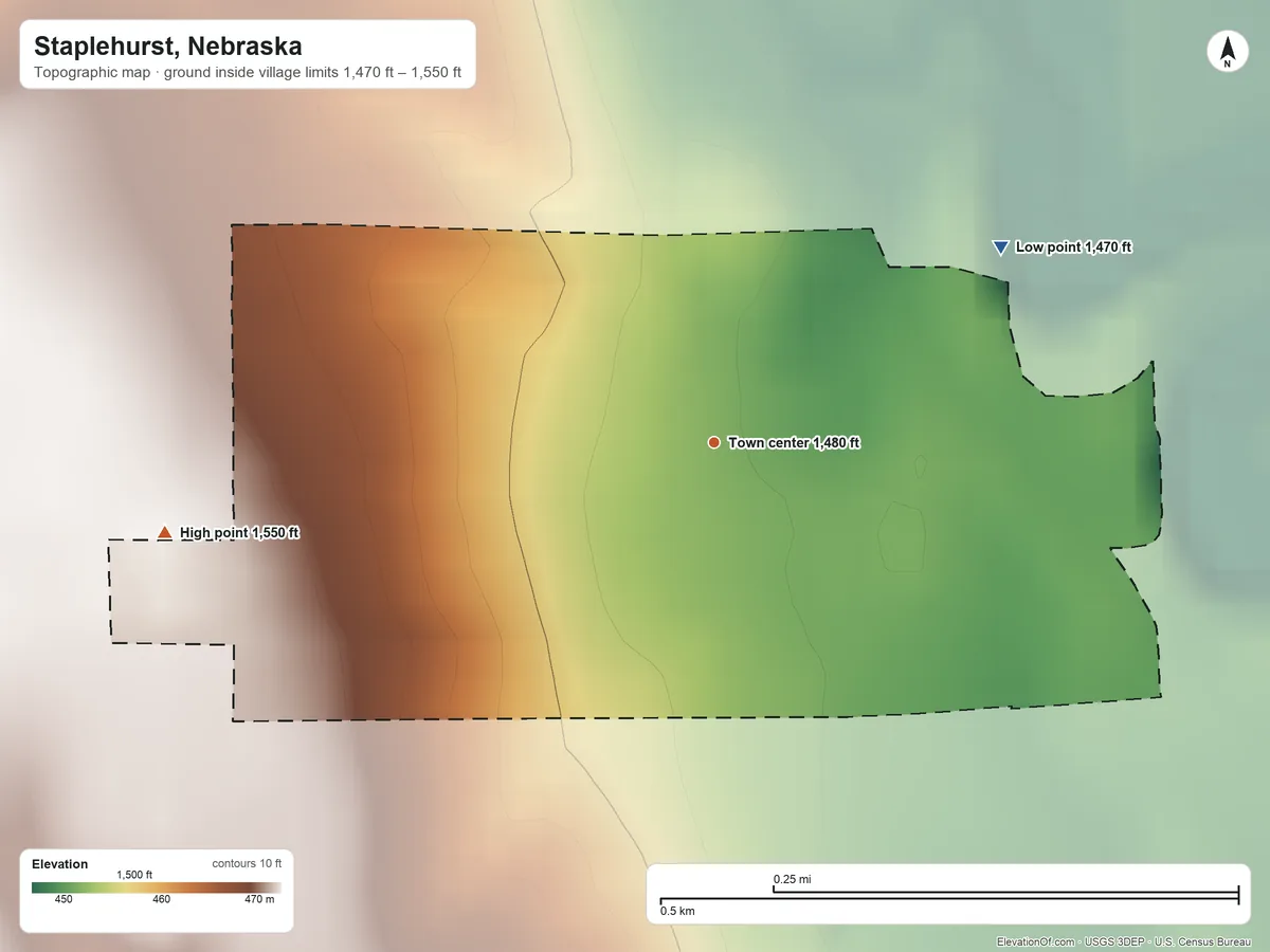 Topographic elevation map of Staplehurst, Nebraska, shaded from 1,470 ft on the northeast side to 1,550 ft on the west side