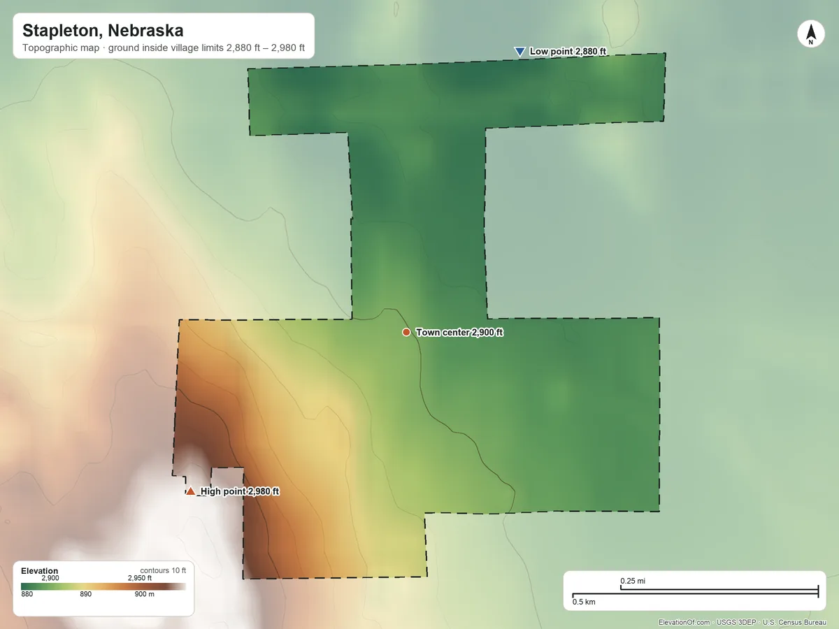 Topographic elevation map of Stapleton, Nebraska, shaded from 2,880 ft on the north side to 2,980 ft on the southwest side