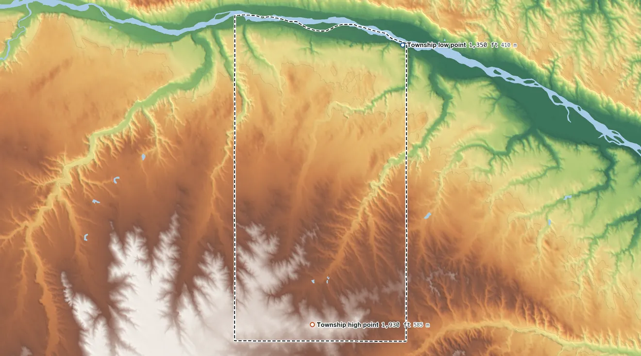 Topographic elevation map of Steel Creek Township, Nebraska, shaded from 1,350 ft on the northeast side to 1,930 ft on the south side
