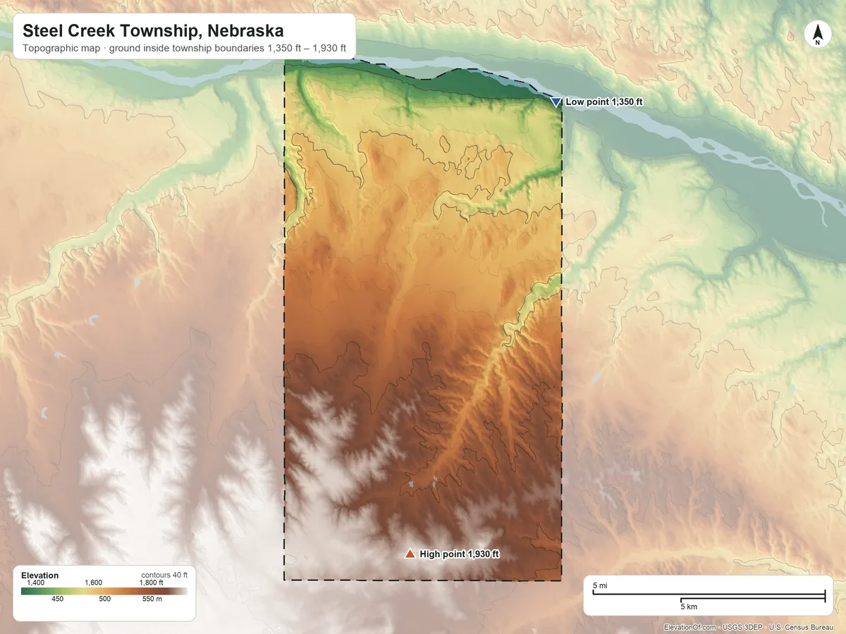 Topographic elevation map of Steel Creek Township, Nebraska, shaded from 1,350 ft on the northeast side to 1,930 ft on the south side