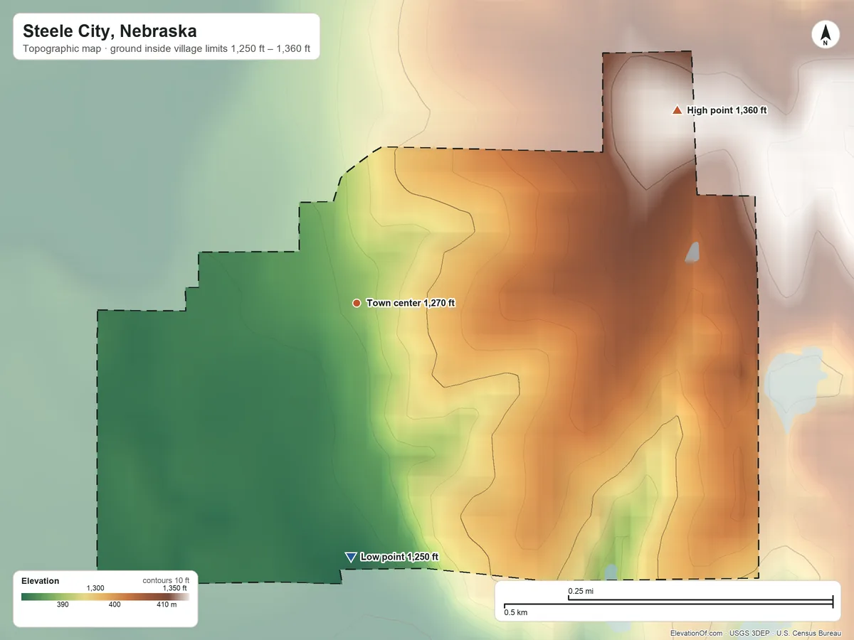 Topographic elevation map of Steele City, Nebraska, shaded from 1,250 ft on the south side to 1,360 ft on the northeast side