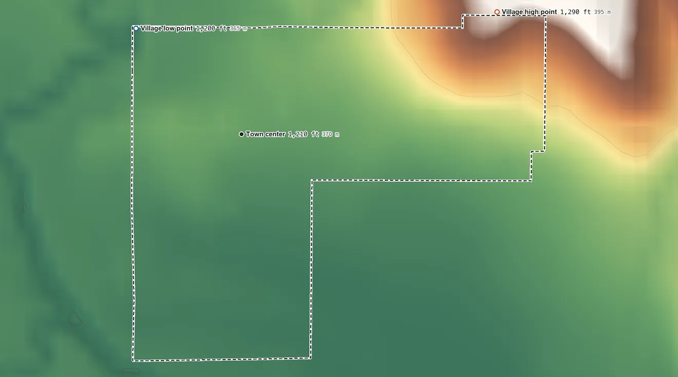 Topographic elevation map of Steinauer, Nebraska, shaded from 1,200 ft on the northwest side to 1,290 ft on the northeast side