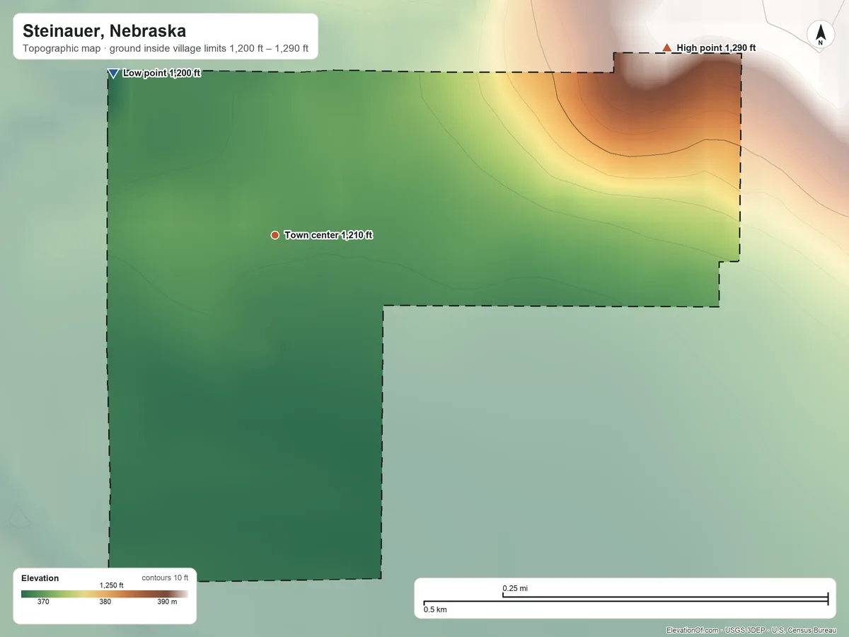 Topographic elevation map of Steinauer, Nebraska, shaded from 1,200 ft on the northwest side to 1,290 ft on the northeast side