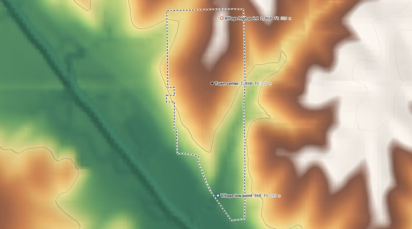 Topographic elevation map of Stella, Nebraska, shaded from 960 ft on the south side to 1,060 ft on the north side