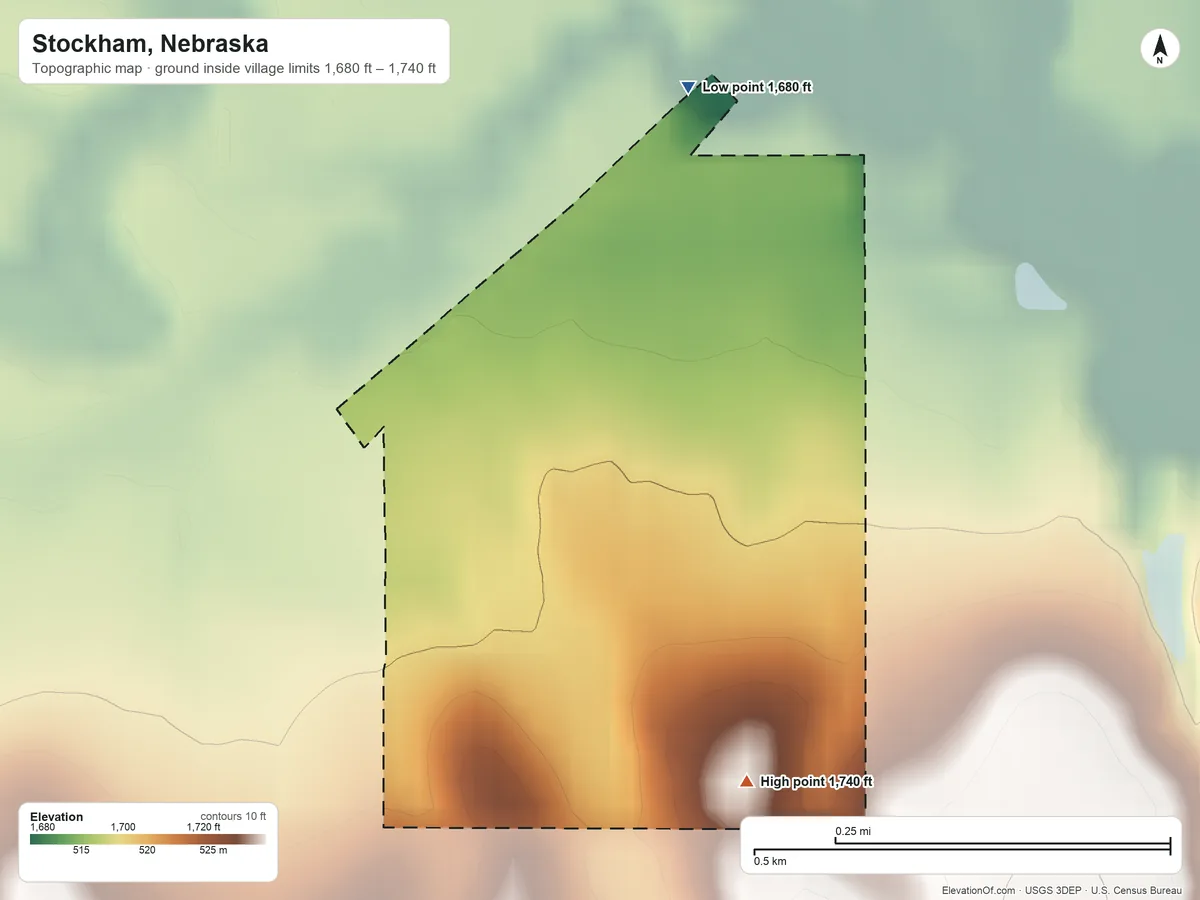 Topographic elevation map of Stockham, Nebraska, shaded from 1,680 ft on the north side to 1,740 ft on the south side