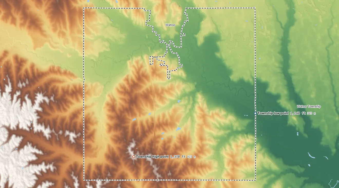Topographic elevation map of Stocking Township, Nebraska, shaded from 1,140 ft on the east side to 1,370 ft on the southwest side