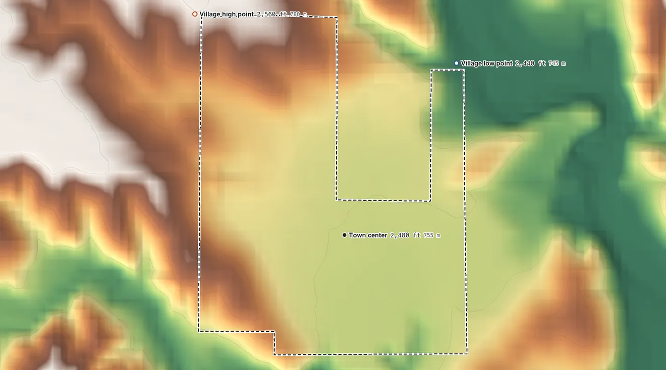 Topographic elevation map of Stockville, Nebraska, shaded from 2,440 ft on the northeast side to 2,560 ft on the northwest side