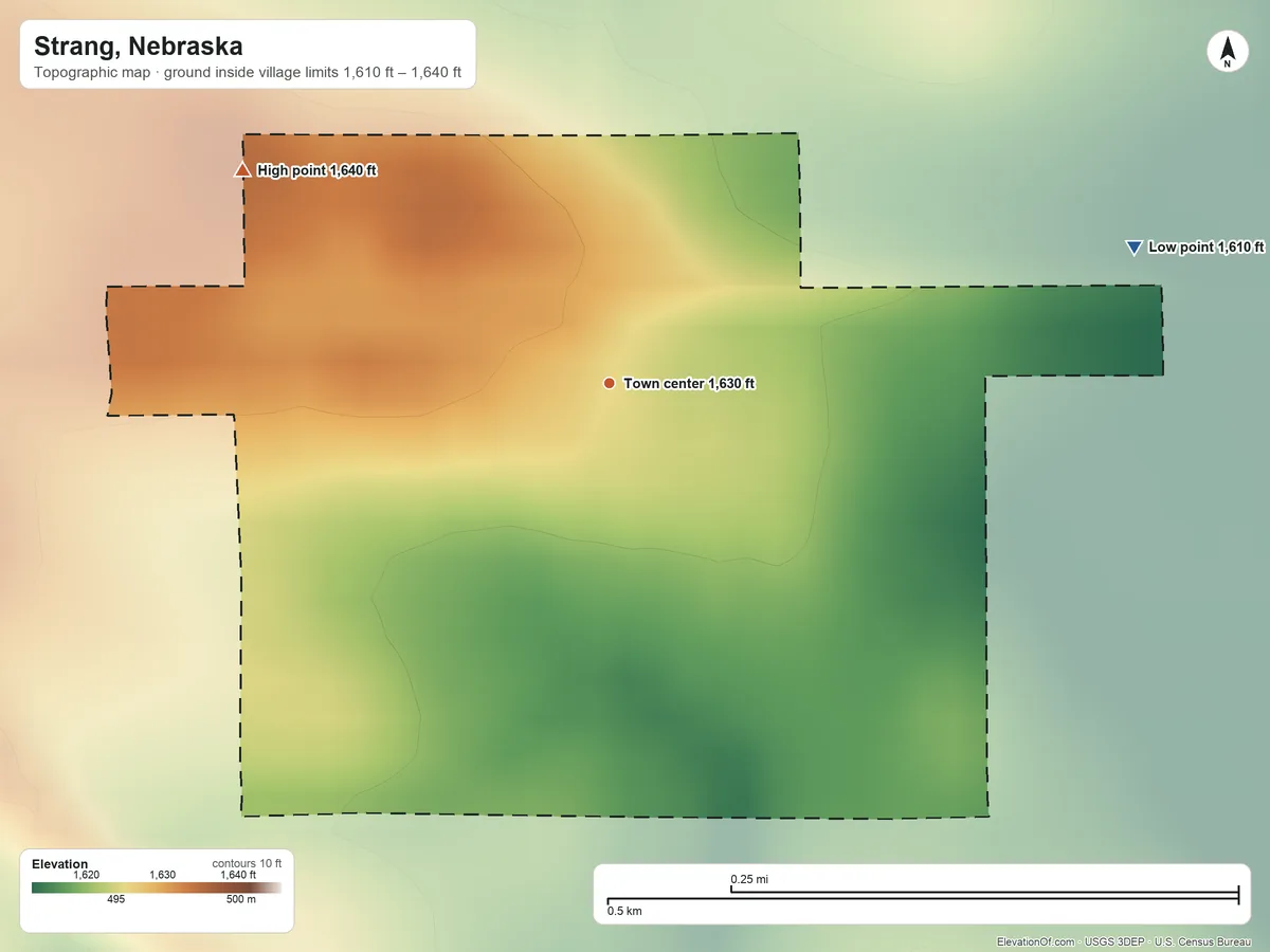 Topographic elevation map of Strang, Nebraska, shaded from 1,610 ft on the east side to 1,640 ft on the northwest side