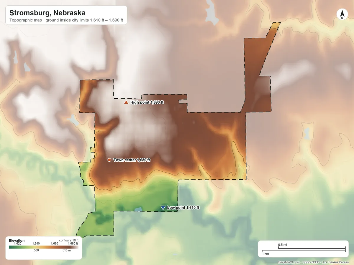 Topographic elevation map of Stromsburg, Nebraska, shaded from 1,610 ft on the southeast side to 1,690 ft on the north side