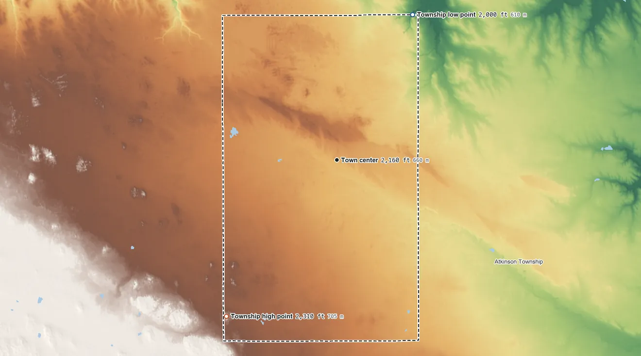 Topographic elevation map of Stuart Township, Nebraska, shaded from 2,000 ft on the northeast side to 2,310 ft on the southwest side