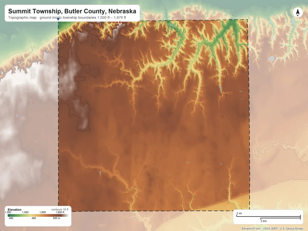 Topographic elevation map of Summit Township, Butler County, Nebraska, shaded from 1,500 ft on the northwest side to 1,670 ft on the north side