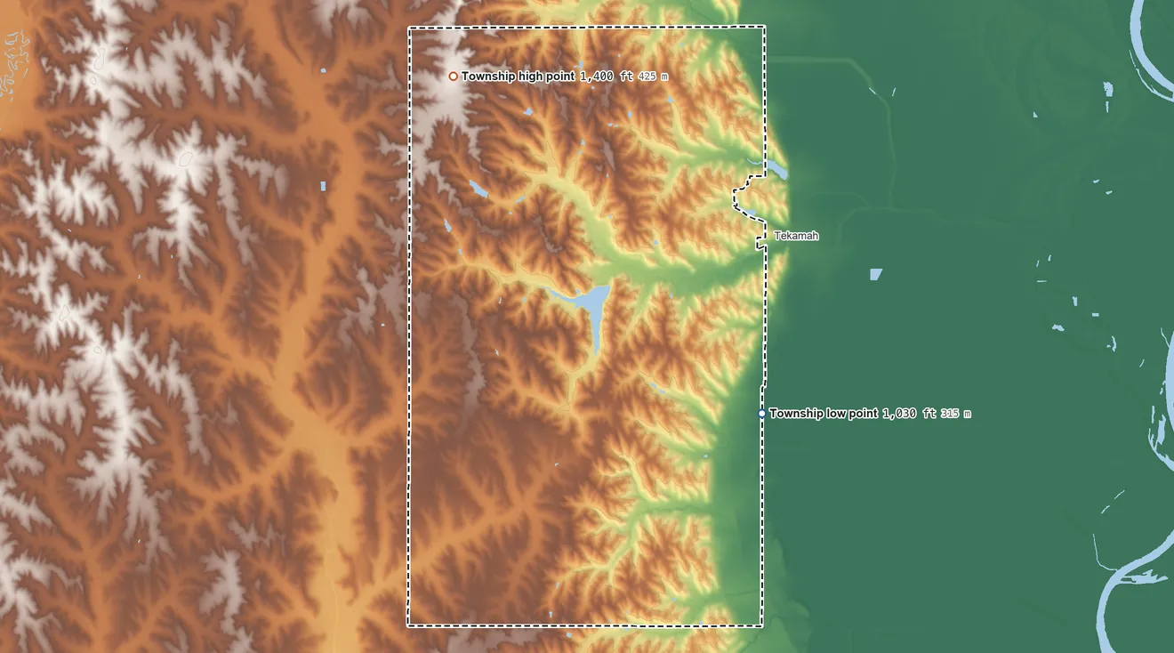 Topographic elevation map of Summit Township, Nebraska, shaded from 1,030 ft on the southeast side to 1,400 ft on the northwest side