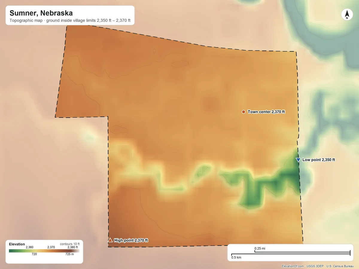 Topographic elevation map of Sumner, Nebraska, shaded from 2,350 ft on the southeast side to 2,370 ft on the southwest side