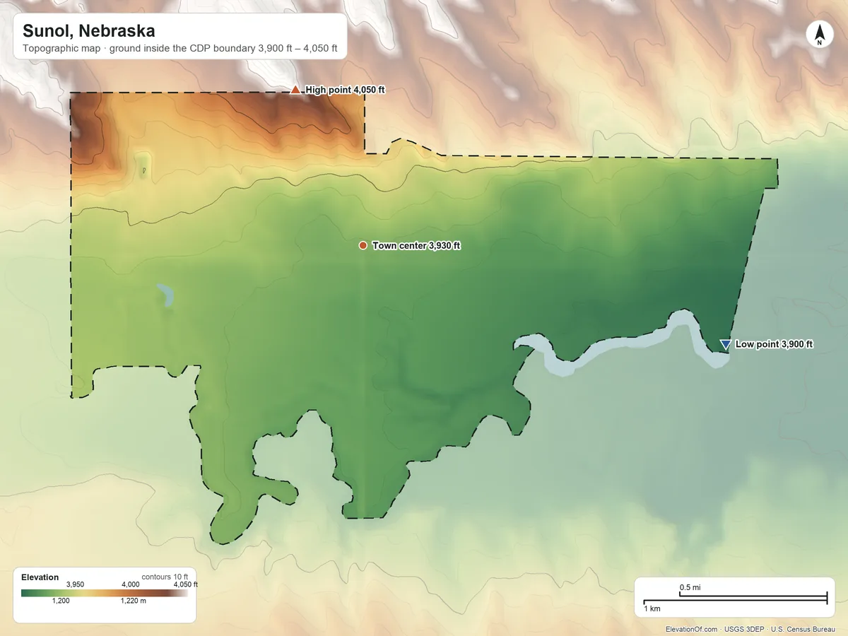 Topographic elevation map of Sunol, Nebraska, shaded from 3,900 ft on the east side to 4,050 ft on the northwest side