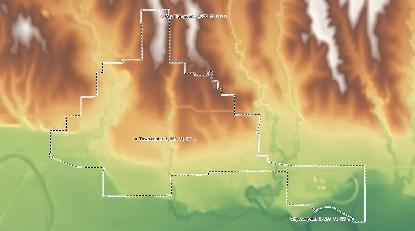 Topographic elevation map of Superior, Nebraska, shaded from 1,530 ft on the east side to 1,670 ft on the north side