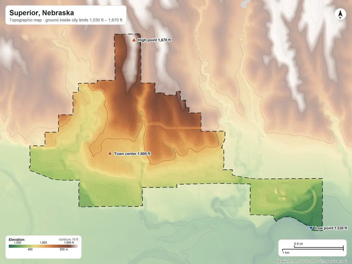 Topographic elevation map of Superior, Nebraska, shaded from 1,530 ft on the east side to 1,670 ft on the north side