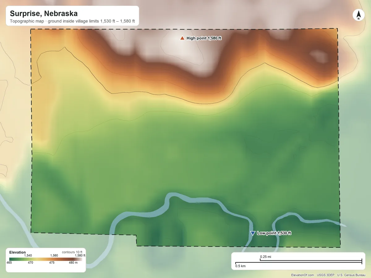 Topographic elevation map of Surprise, Nebraska, shaded from 1,530 ft on the southeast side to 1,580 ft on the north side