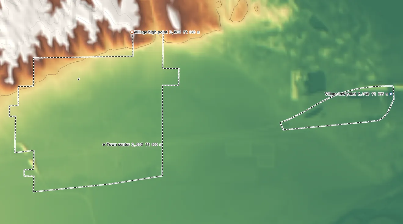 Topographic elevation map of Sutherland, Nebraska, shaded from 2,940 ft on the east side to 3,080 ft on the north side