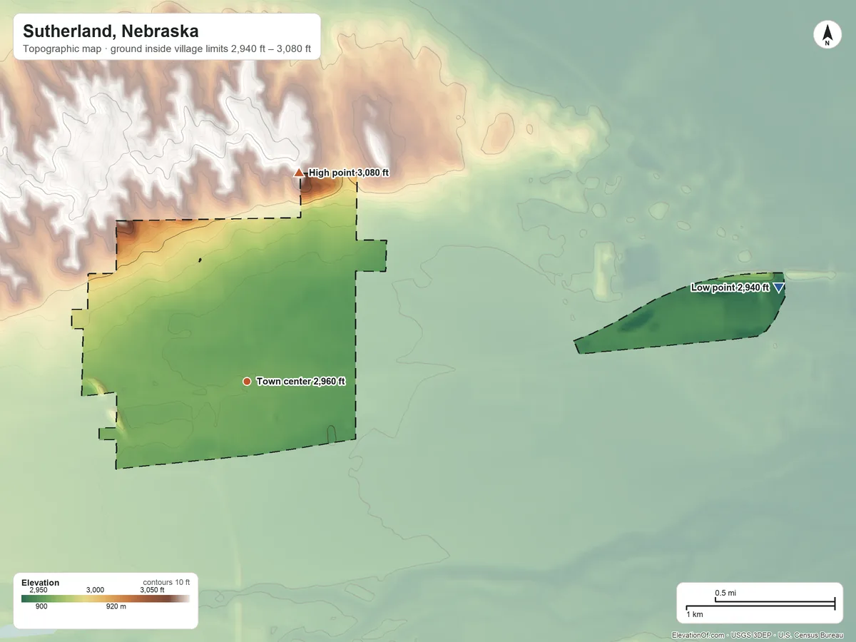 Topographic elevation map of Sutherland, Nebraska, shaded from 2,940 ft on the east side to 3,080 ft on the north side