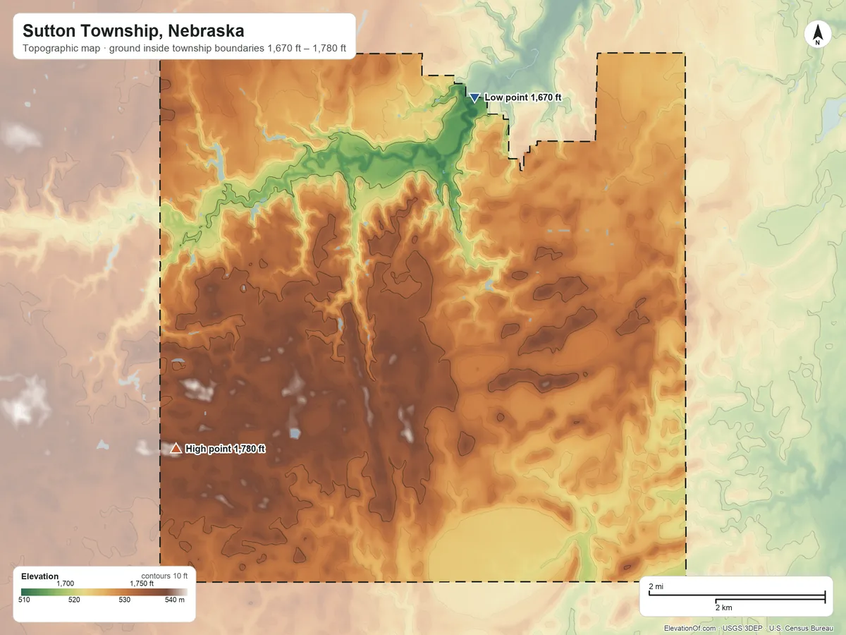 Topographic elevation map of Sutton Township, Nebraska, shaded from 1,670 ft on the northeast side to 1,780 ft on the southwest side