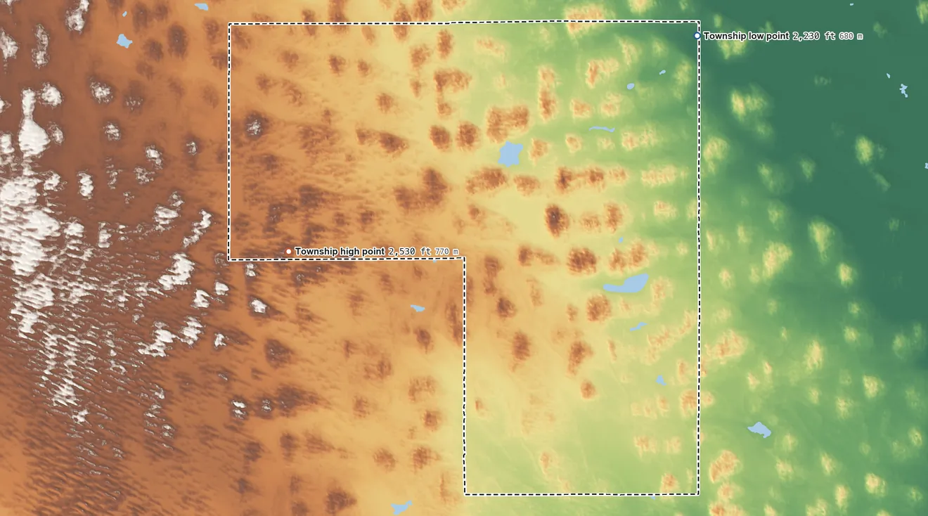 Topographic elevation map of Swan Township, Nebraska, shaded from 2,230 ft on the northeast side to 2,530 ft on the west side
