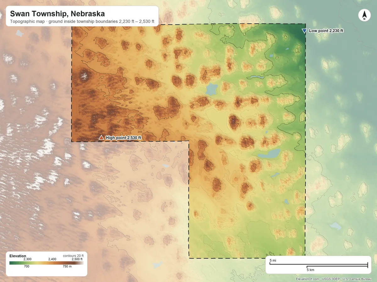 Topographic elevation map of Swan Township, Nebraska, shaded from 2,230 ft on the northeast side to 2,530 ft on the west side