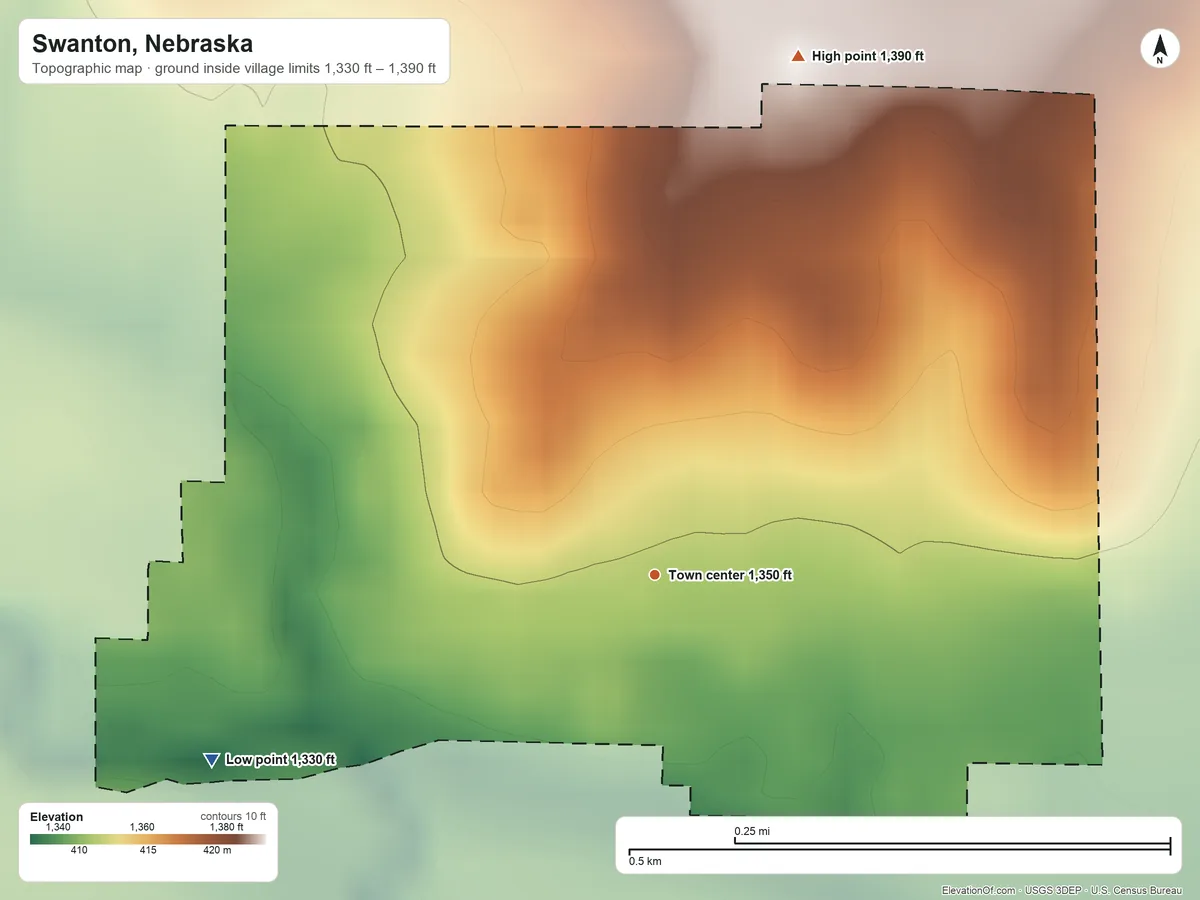 Topographic elevation map of Swanton, Nebraska, shaded from 1,330 ft on the southwest side to 1,390 ft on the north side