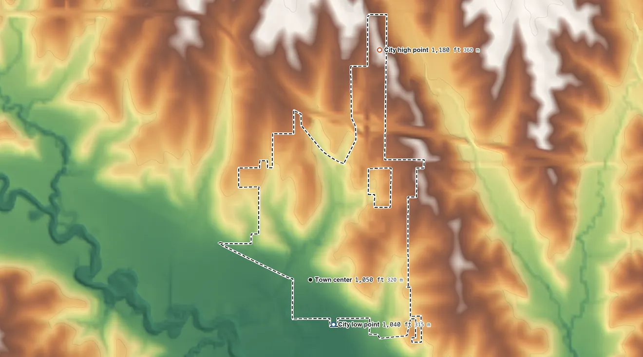 Topographic elevation map of Syracuse, Nebraska, shaded from 1,040 ft on the southeast side to 1,180 ft on the north side