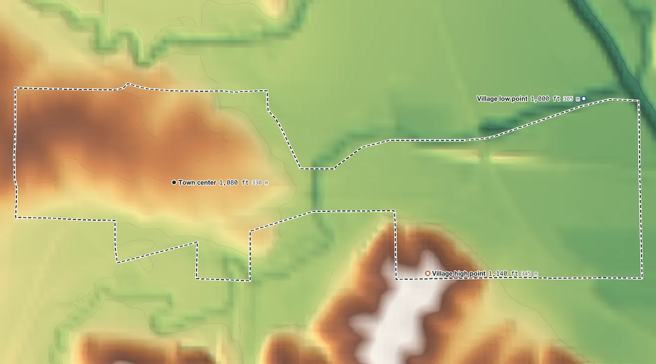 Topographic elevation map of Table Rock, Nebraska, shaded from 1,000 ft on the east side to 1,140 ft on the east side