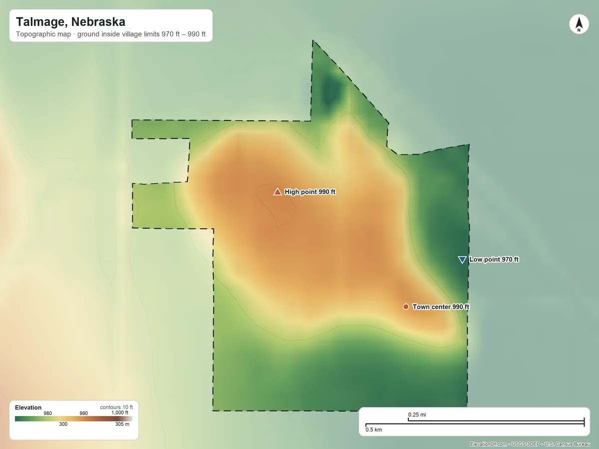 Topographic elevation map of Talmage, Nebraska, shaded from 970 ft on the northeast side to 990 ft on the northwest side