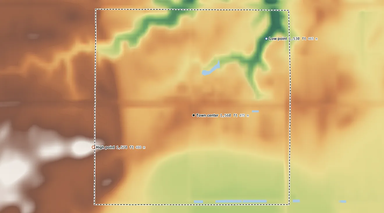 Topographic elevation map of Tamora, Nebraska, shaded from 1,530 ft on the northeast side to 1,570 ft on the west side
