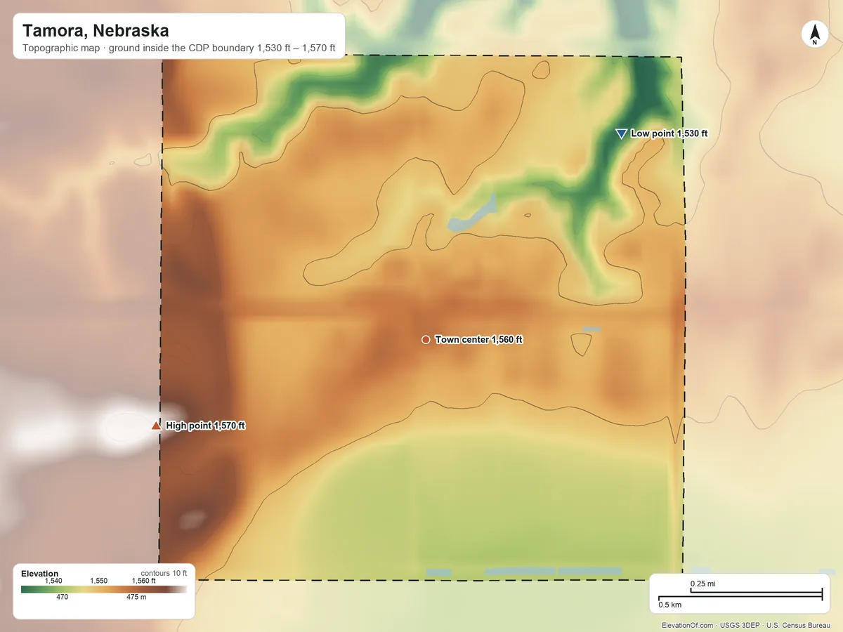 Topographic elevation map of Tamora, Nebraska, shaded from 1,530 ft on the northeast side to 1,570 ft on the west side