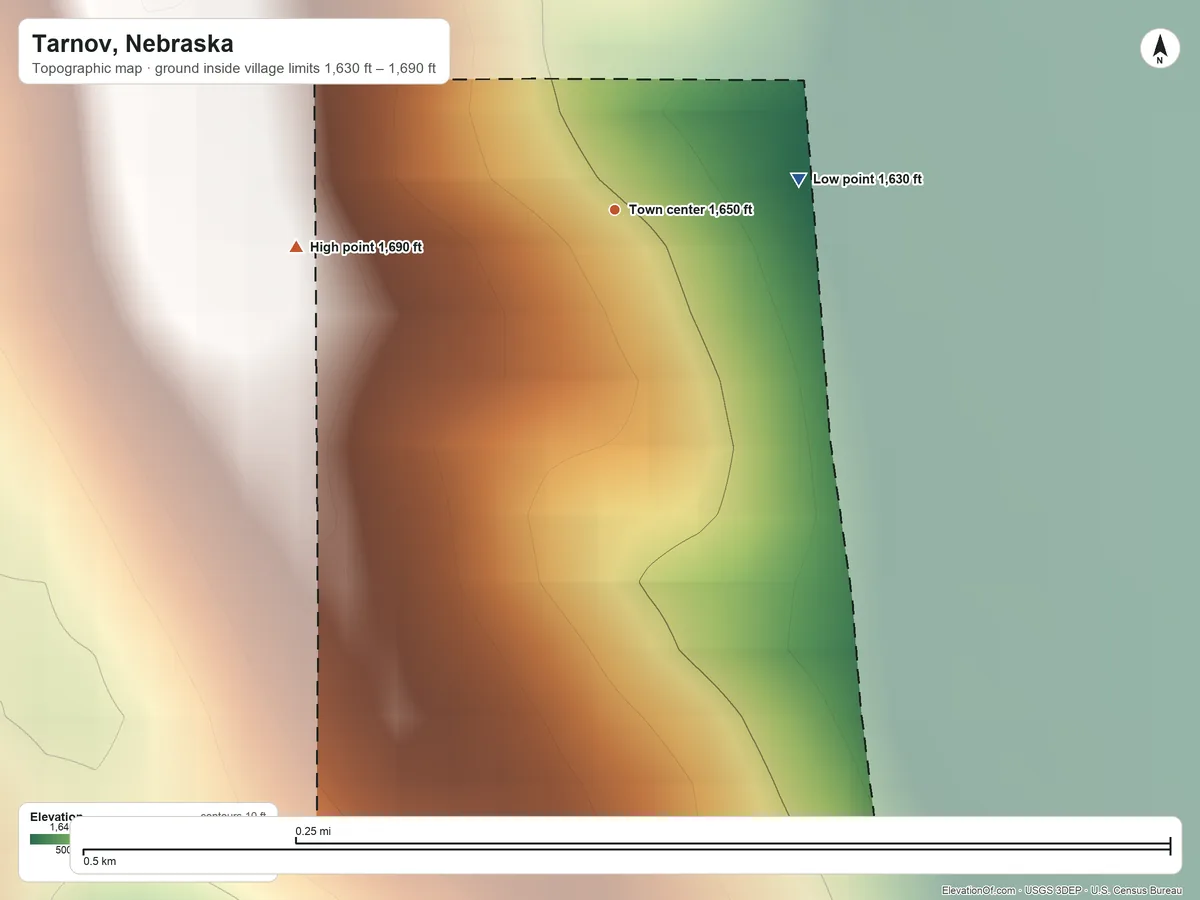 Topographic elevation map of Tarnov, Nebraska, shaded from 1,630 ft on the east side to 1,690 ft on the west side