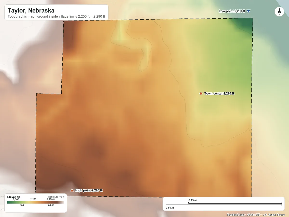 Topographic elevation map of Taylor, Nebraska, shaded from 2,250 ft on the northeast side to 2,290 ft on the southwest side