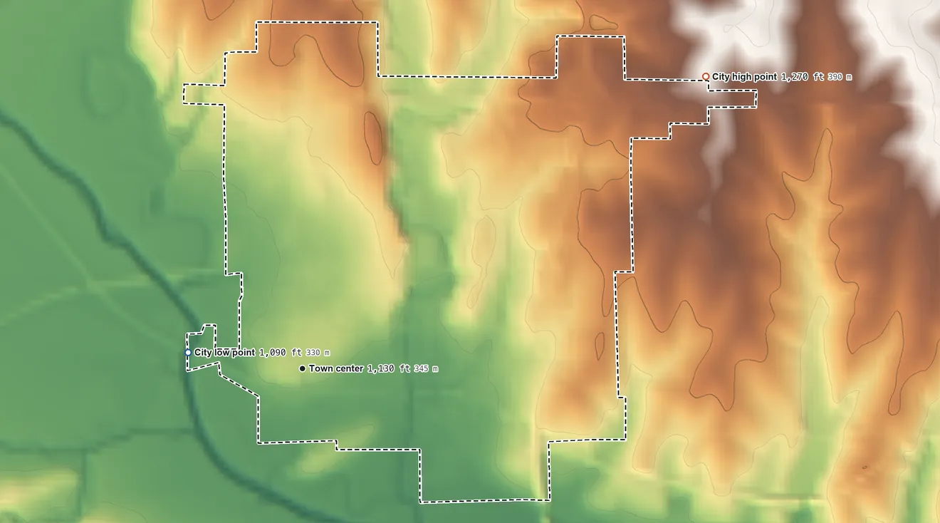 Topographic elevation map of Tecumseh, Nebraska, shaded from 1,090 ft on the west side to 1,270 ft on the northeast side