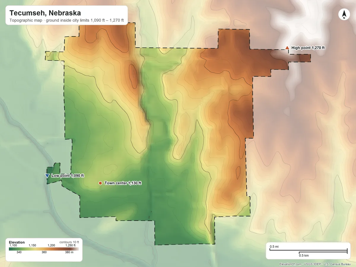 Topographic elevation map of Tecumseh, Nebraska, shaded from 1,090 ft on the west side to 1,270 ft on the northeast side