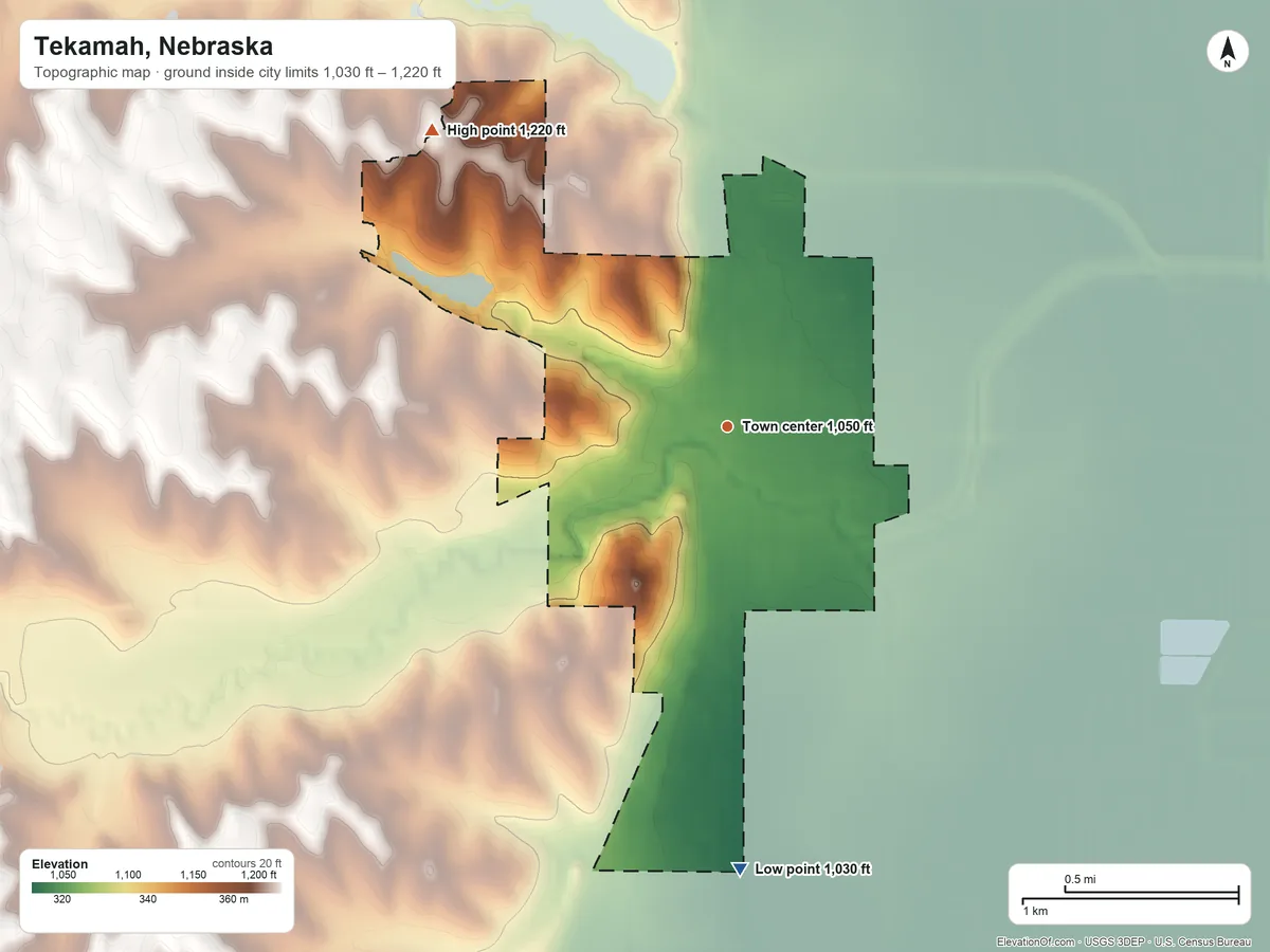 Topographic elevation map of Tekamah, Nebraska, shaded from 1,030 ft on the south side to 1,220 ft on the northwest side